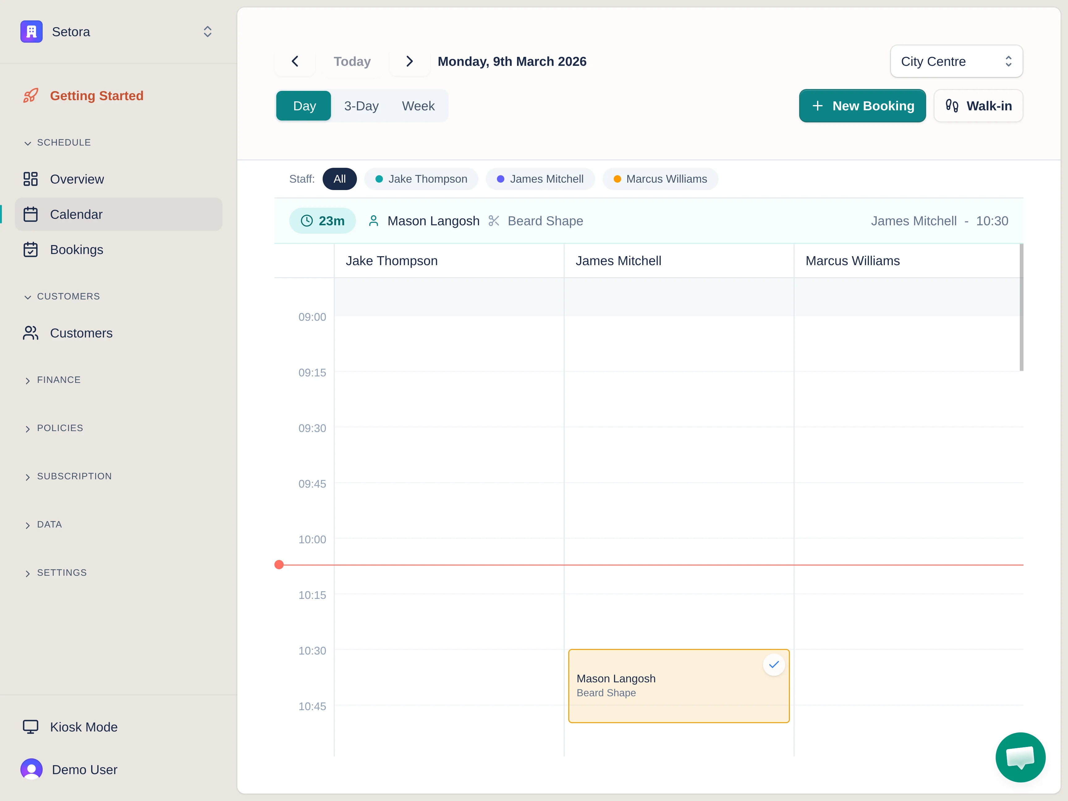 Setora barbershop booking calendar - click to watch demo