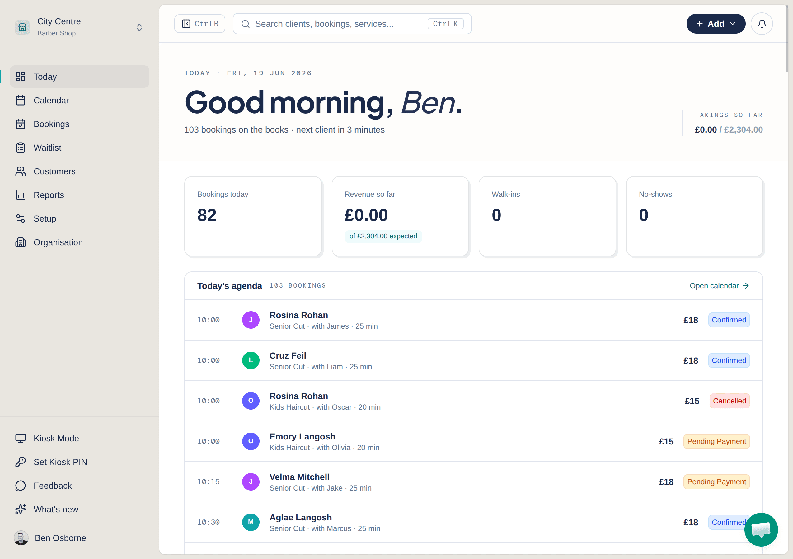 Setora dashboard showing today's bookings, barber performance, and shop activity