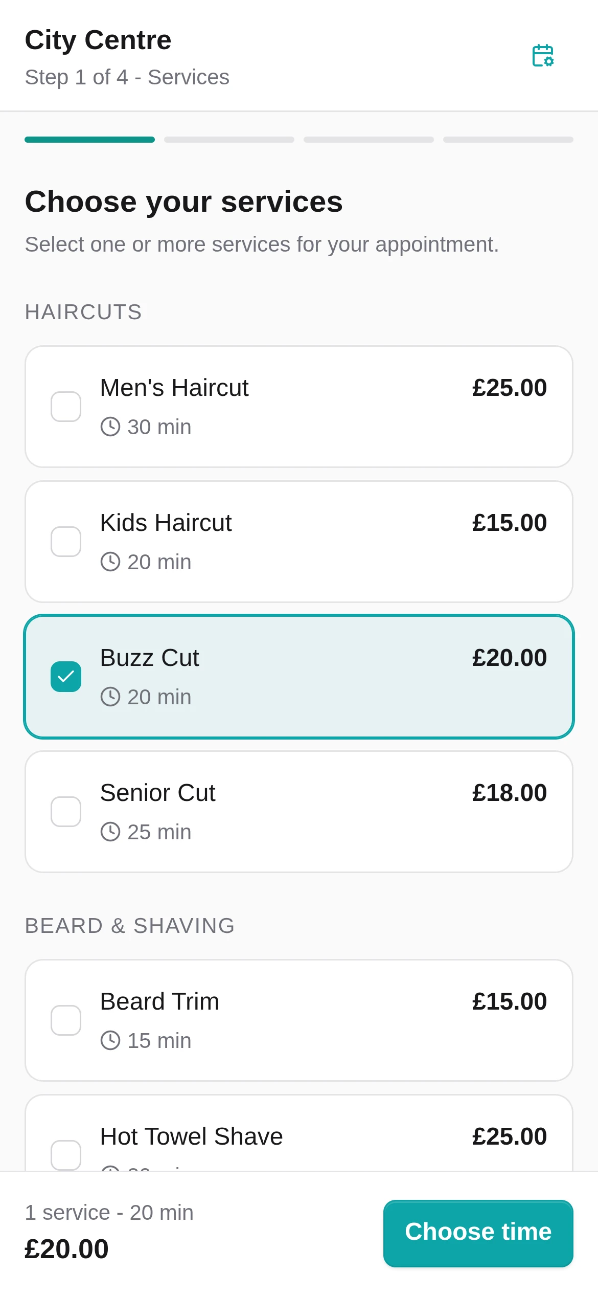 A customer choosing a service on a shop's Setora Booking Page, with each service priced and the running total at the bottom