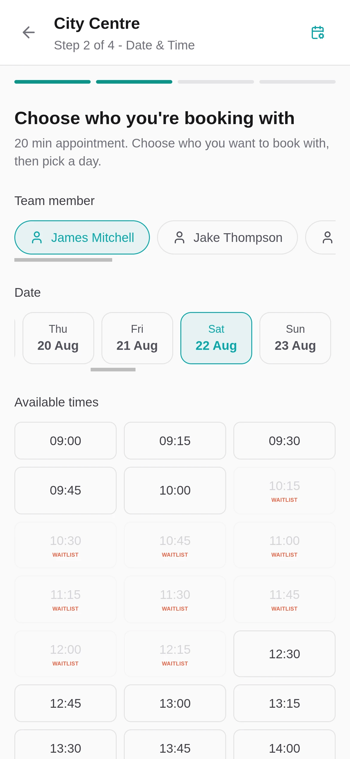 A shop's Booking Page on a phone showing a busy Saturday, where the times already taken are greyed out and marked waitlist instead of being hidden