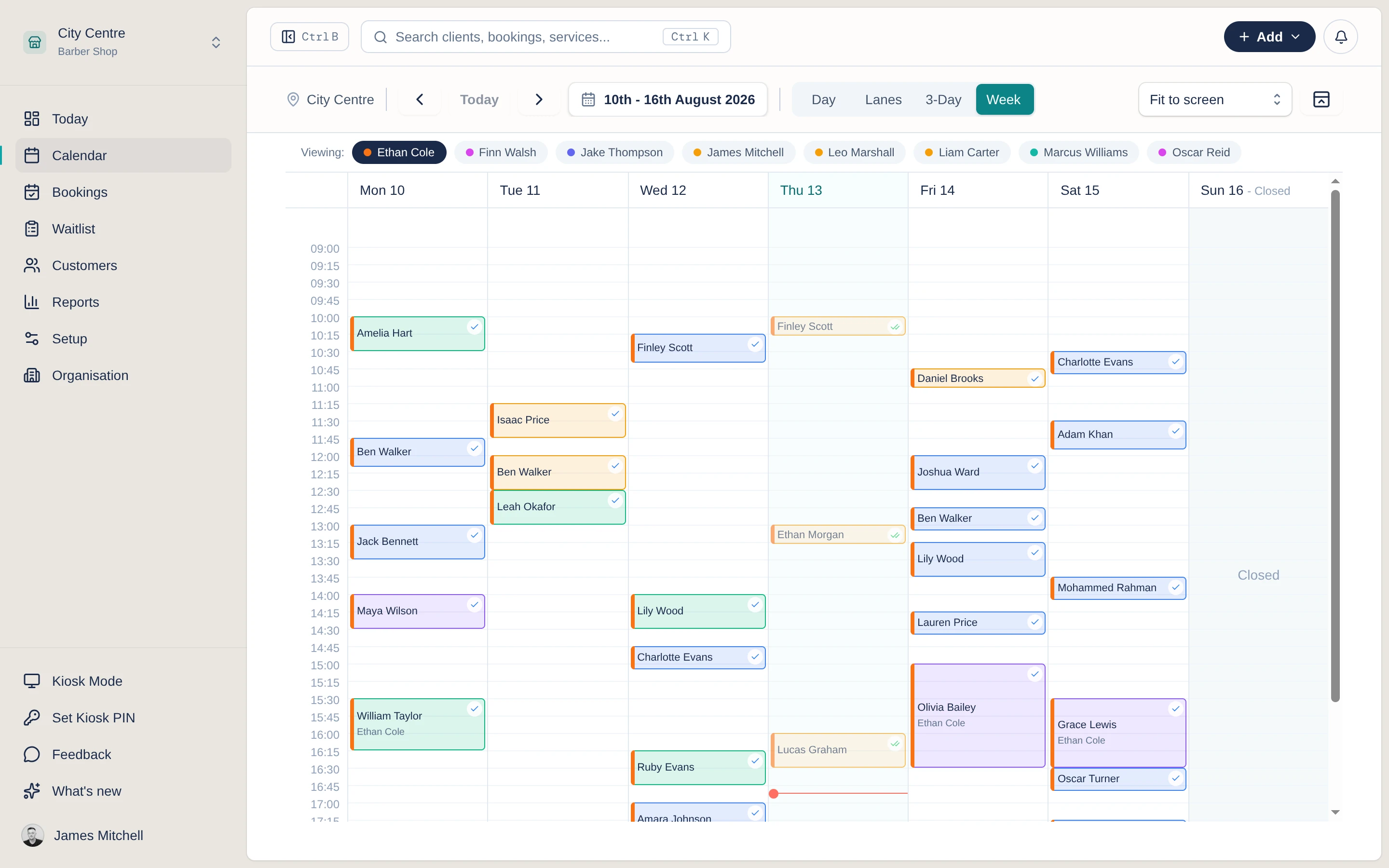 A week in the Setora calendar for one barber, Monday to Sunday, with each booking showing the customer and a confirmed tick, and a marker across today