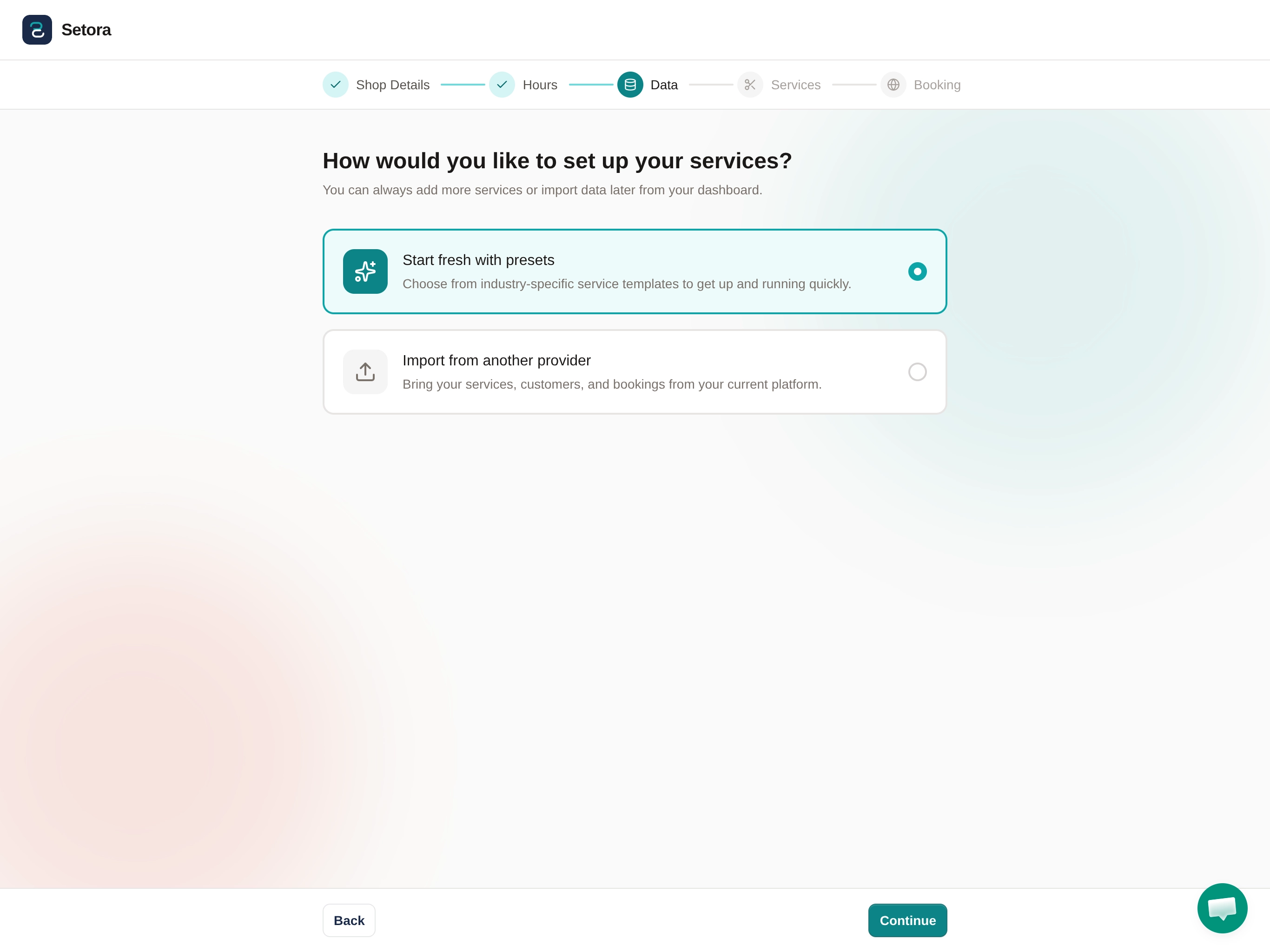 Setora onboarding, Step 3: How would you like to set up your services? Showing options to start fresh with presets or import from another provider