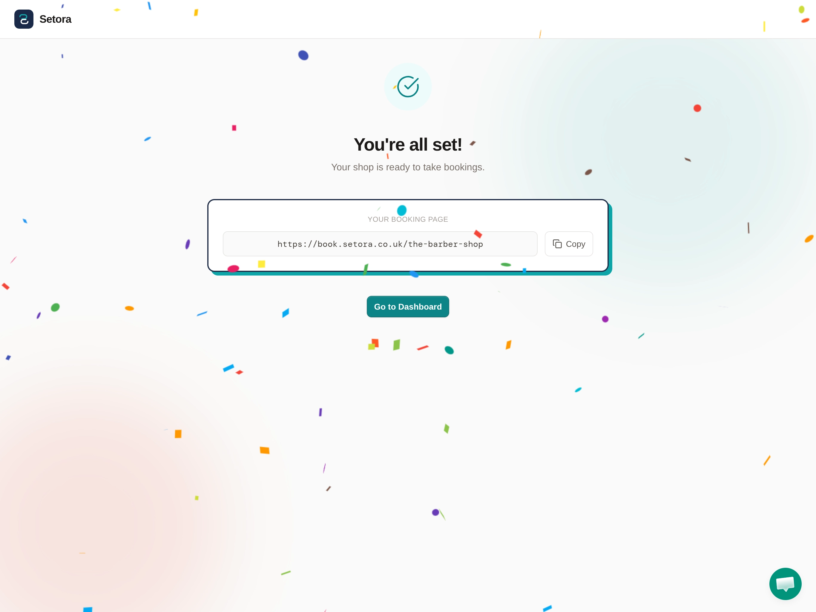Setora onboarding, You're all set! Showing the live booking page URL ready to share, with confetti