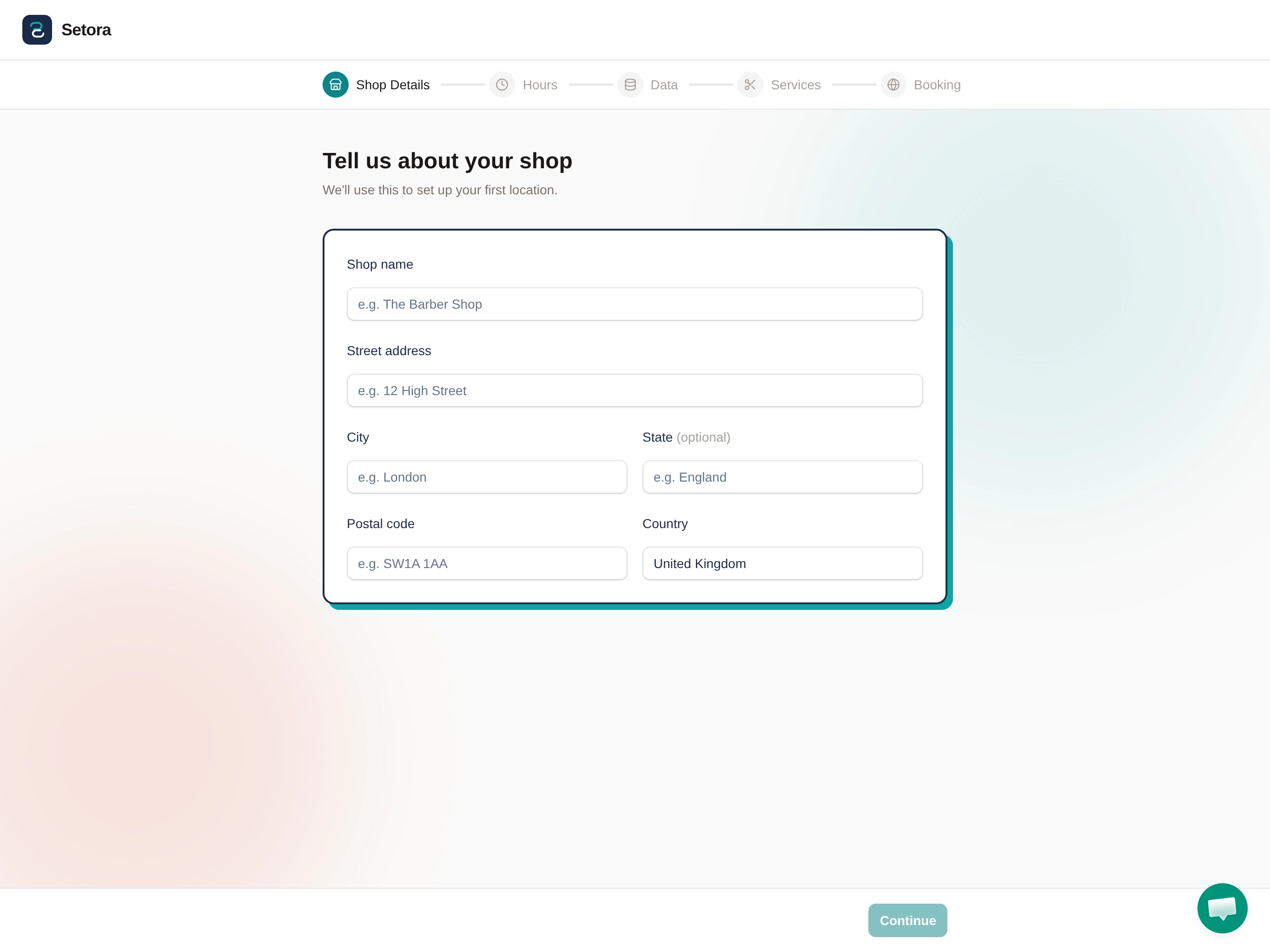 Setora onboarding, Step 1: Tell us about your shop, showing fields for shop name, address, city, postal code and country